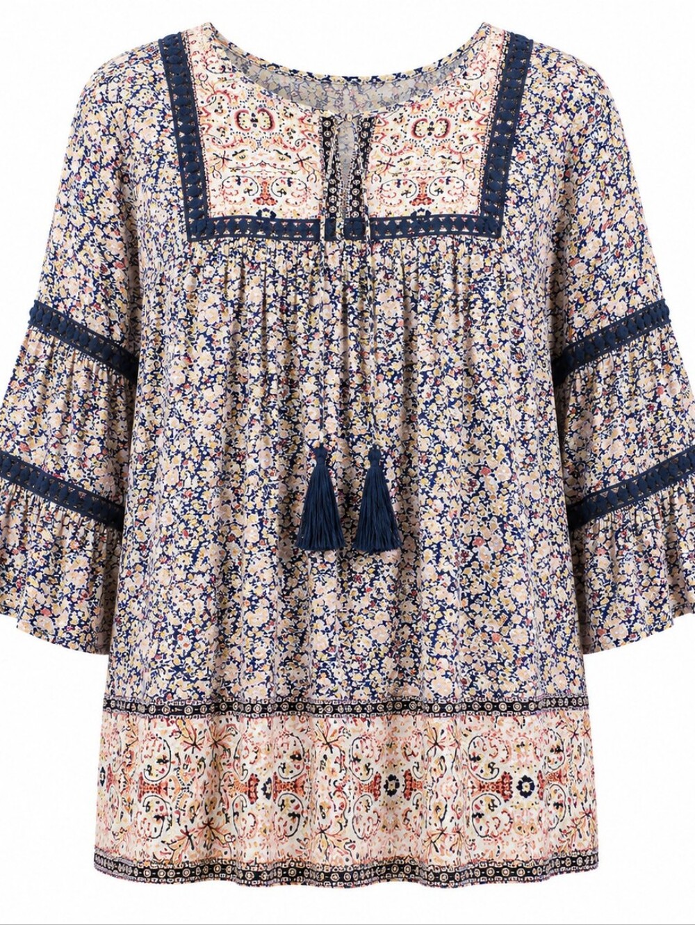 ONE WORLD | Multicolor‎ Floral Boho Peasant Keyhole Tassel Bell Sleeve Top | XXL
